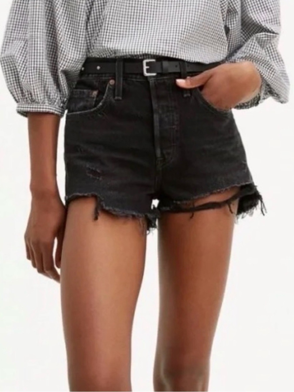 Levi’s 501 High Rise Black Distressed Denim Jean Shorts Size 26